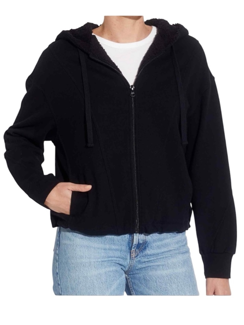 Magaschoni Hoodie Zip Front Faux Fur Sherpa Lined Black Long Sleeve Womens Large